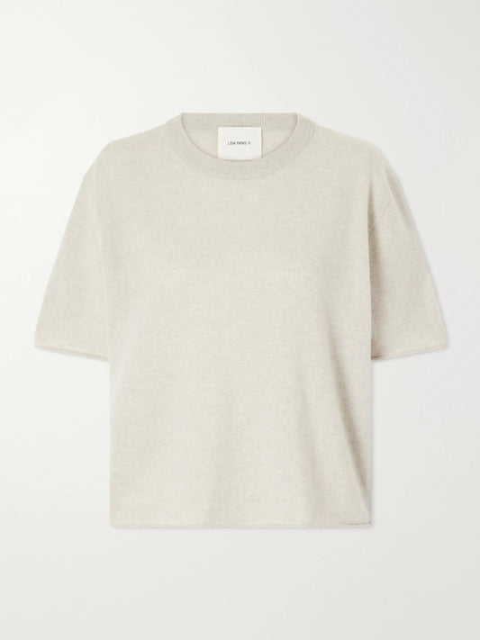 Image of a model wearing Tops. Product name - Cila Cashmere T-shirt in Beige colour by brand - LISA YANG
