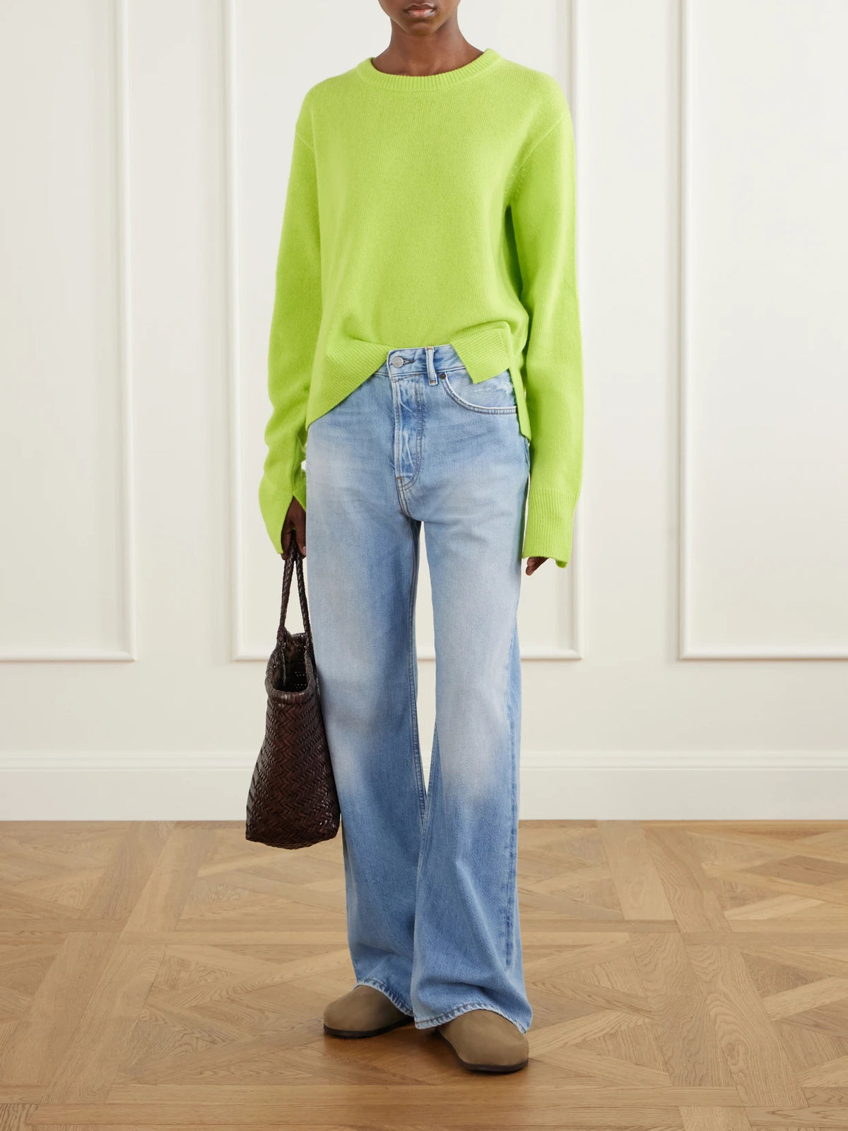Image of a model wearing Outerwear. Product name - Wool Sweater in Bright green, Brown colour by brand - Sanderlak