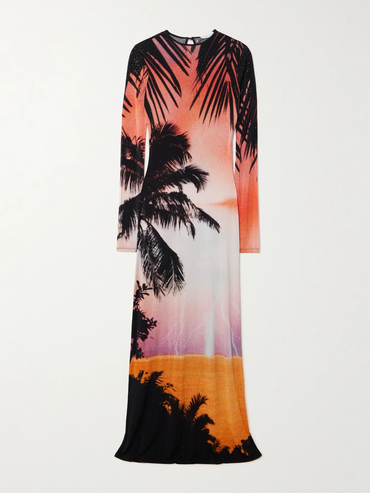 Image of Dresses. Product name - Crystal-embellished Printed Stretch-jersey Midi Dress in Multi colour by brand - RABANNE