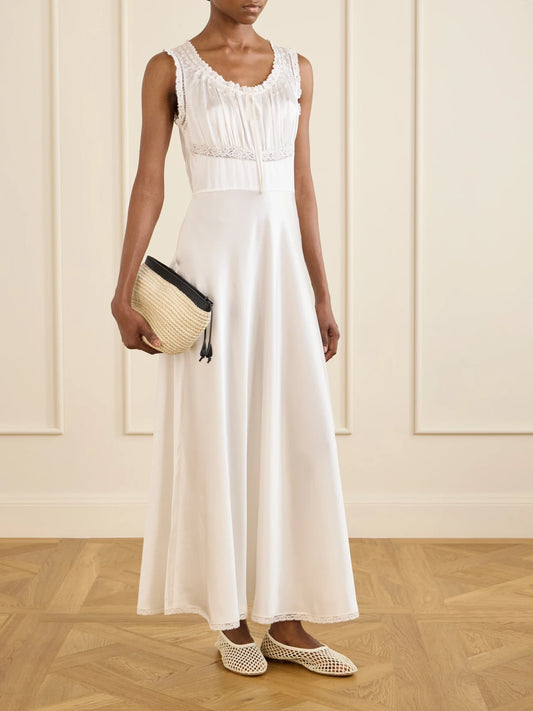 Image of Dresses. Product name - Adalie Lace-trimmed Gathered Silk-satin Midi Dress in Off-white colour by brand - DÔEN