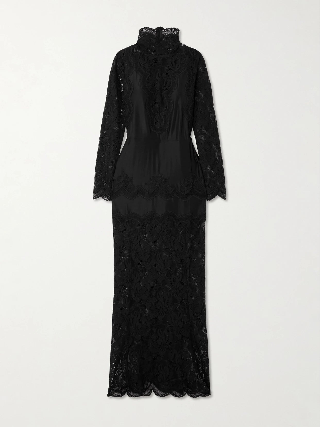 Image of Dresses. Product name - Lace-trimmed Silk-satin Maxi Dress in Black colour by brand - RABANNE