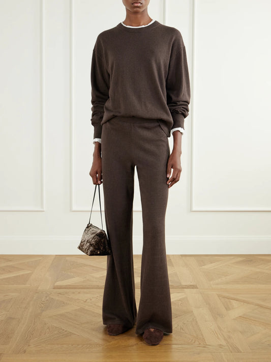 Image of Sleepwear & Loungewear. Product name - Cotton And Cashmere-blend Wide-leg Pants in Dark brown, Light gray colour by brand - ÉTERNE