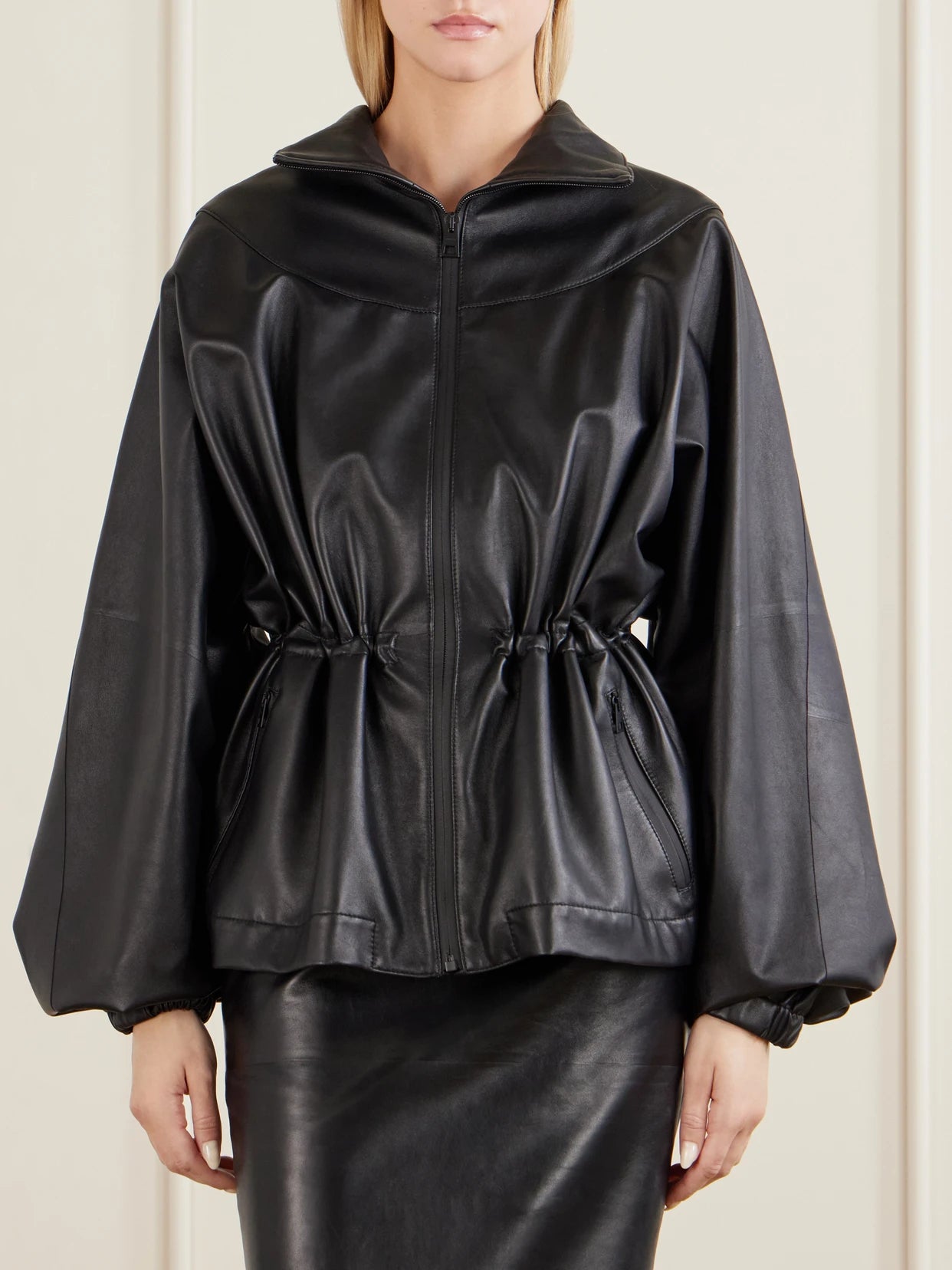 Gathered Leather Jacket