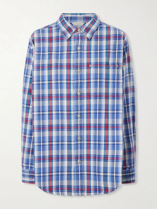 Image of a model wearing Tops. Product name - Checked Plaid Cotton Workshirt in Blue colour by brand - Aimé Leon Dore