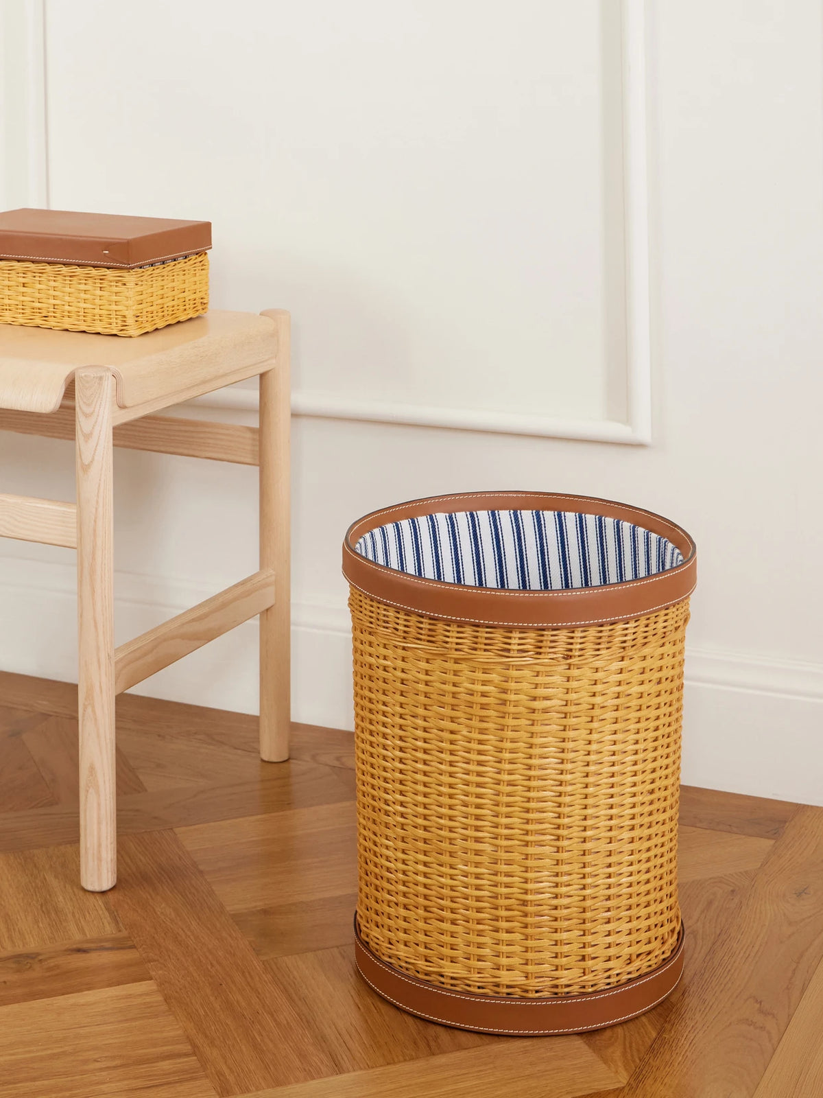 Image of Decor. Product name - Bailey Leather-trimmed Rattan-woven Waste Bin in Brown colour by brand - Ralph Lauren Home