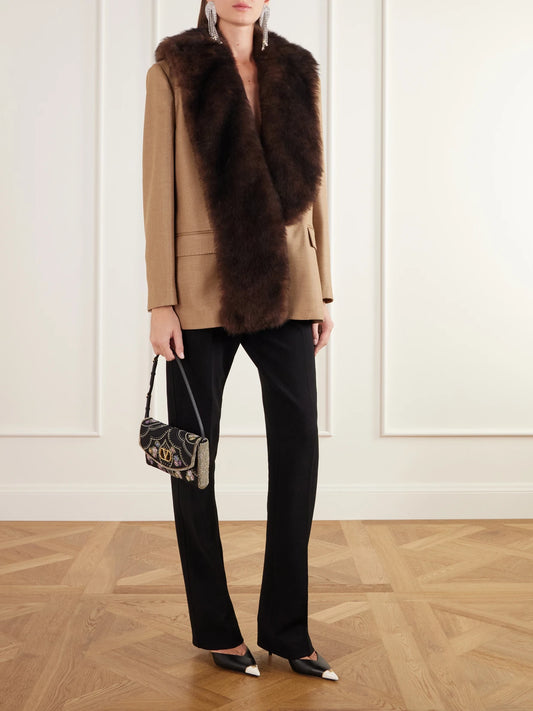 Image of Coats & Jackets. Product name - Shearling-trimmed Grain De Poudre Wool And Silk-blend Jacket in Tan colour by brand - Valentino Garavani