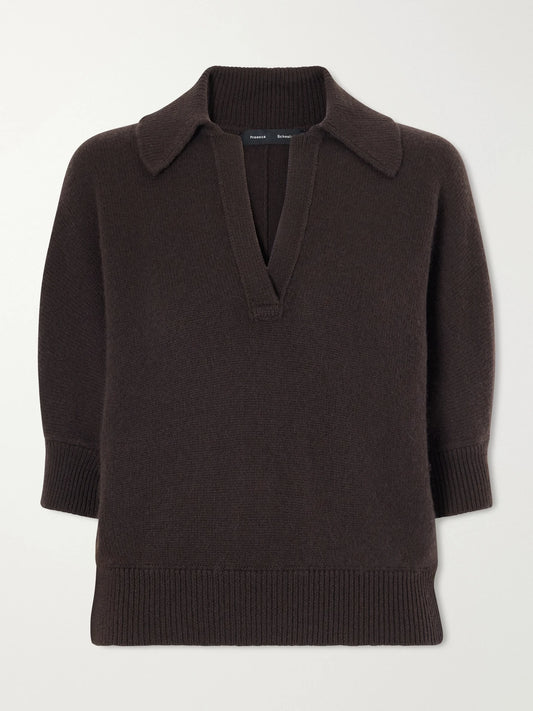 Image of a model wearing Outerwear. Product name - Vella Cashmere Polo Sweater in Brown colour by brand - Proenza Schouler