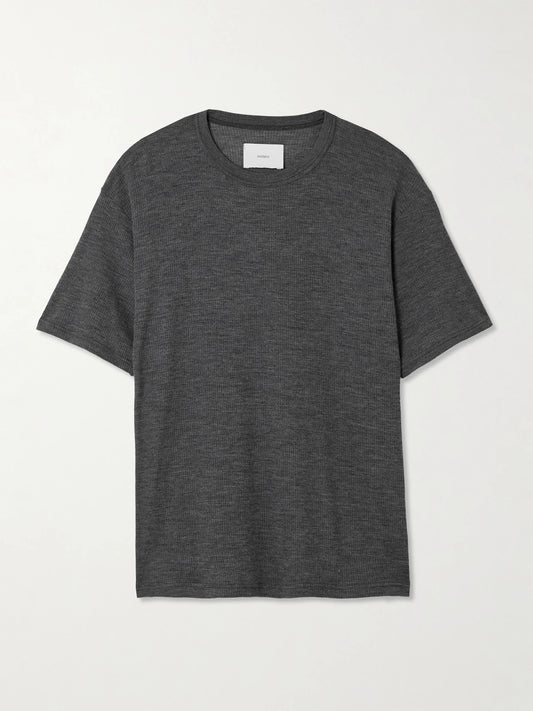 Image of a model wearing Tops. Product name - Ribbed Wool T-shirt in Dark gray colour by brand - ssstein