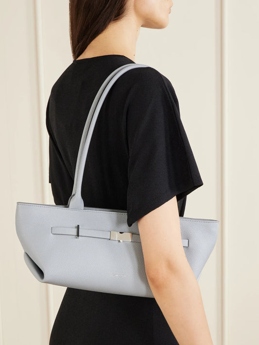 Image of Bags. Product name - The New York Small Full Grain Leather Shoulder Bag in Light blue colour by brand - DeMellier