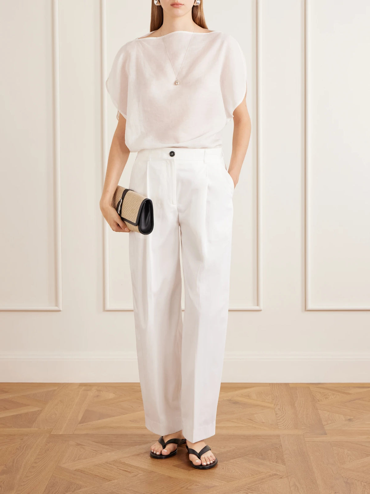Belted Leather-trimmed Raffia Clutch