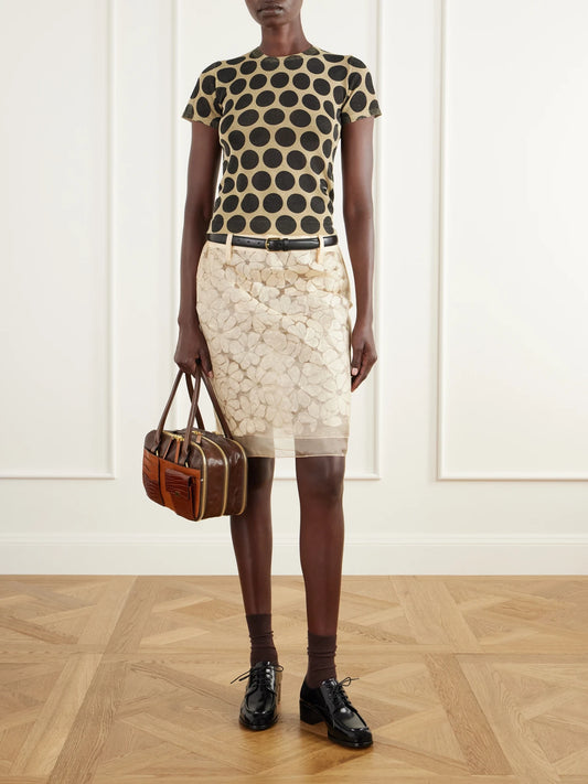 Image of a model wearing Tops. Product name - Polka-dot Knitted T-shirt in Brown colour by brand - Marni