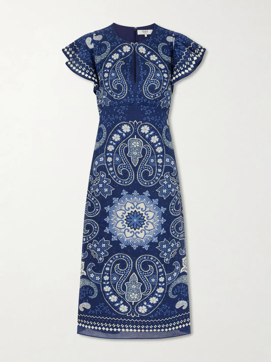 Image of Dresses. Product name - Emelina Paisley-printed Ramie Midi Dress in Navy colour by brand - Sea