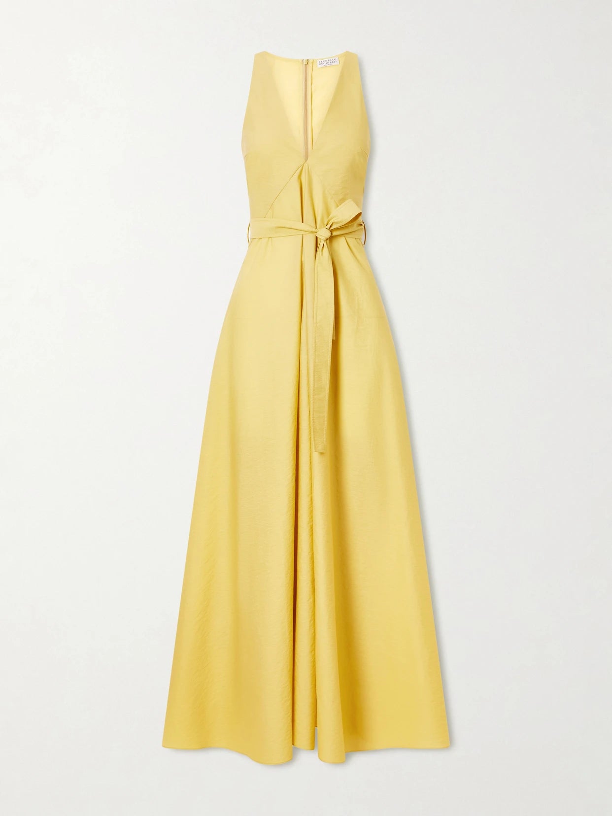 Image of Dresses. Product name - Belted Cotton-blend Midi Dress in Mustard colour by brand - Brunello Cucinelli