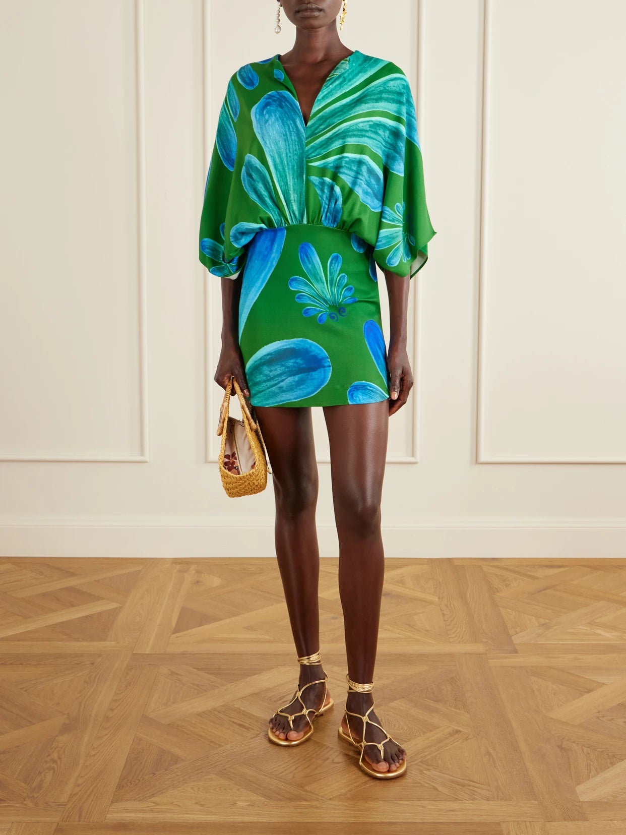 Image of Dresses. Product name - Alcmene Printed Satin Mini Dress in Green colour by brand - Themis Z