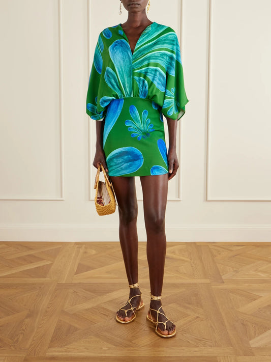 Image of Dresses. Product name - Alcmene Printed Satin Mini Dress in Green colour by brand - Themis Z