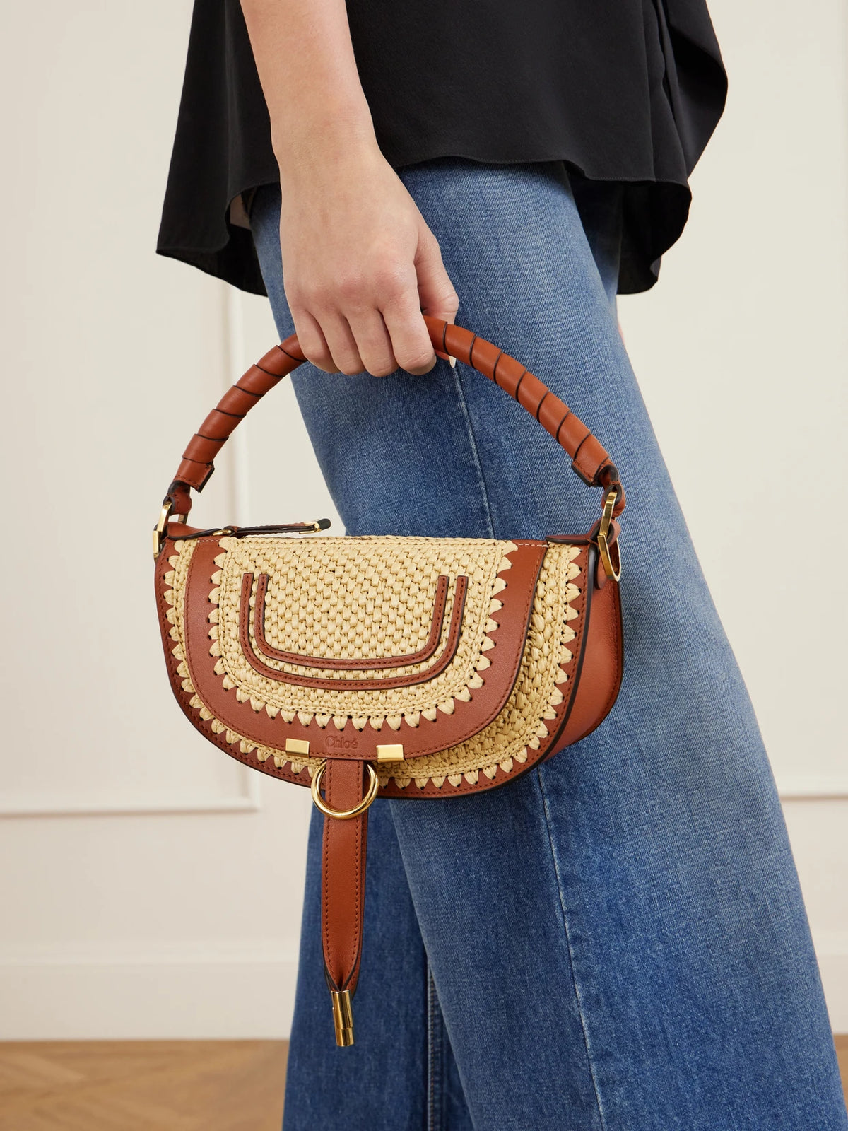 Image of Bags. Product name - Marcie Leather-trimmed Raffia Shoulder Bag in Tan colour by brand - Chloé