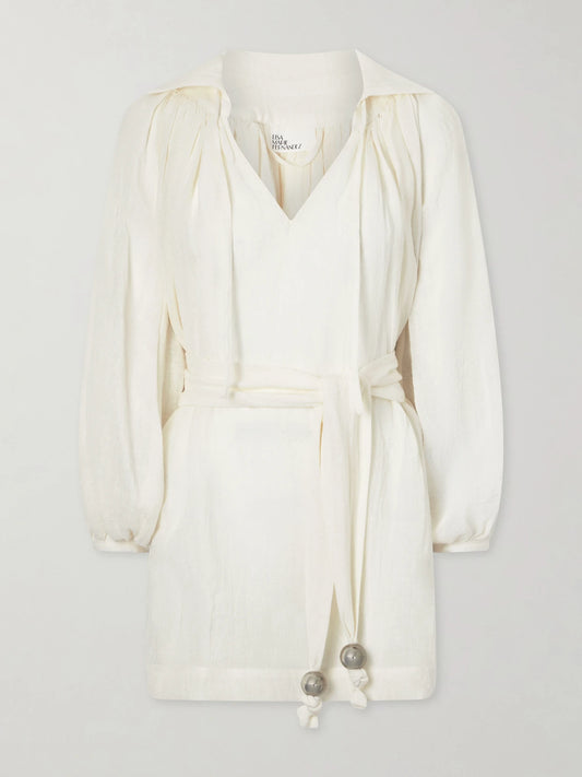 Image of Dresses. Product name - Poet Belted Linen Mini Dress in White colour by brand - Lisa Marie Fernandez