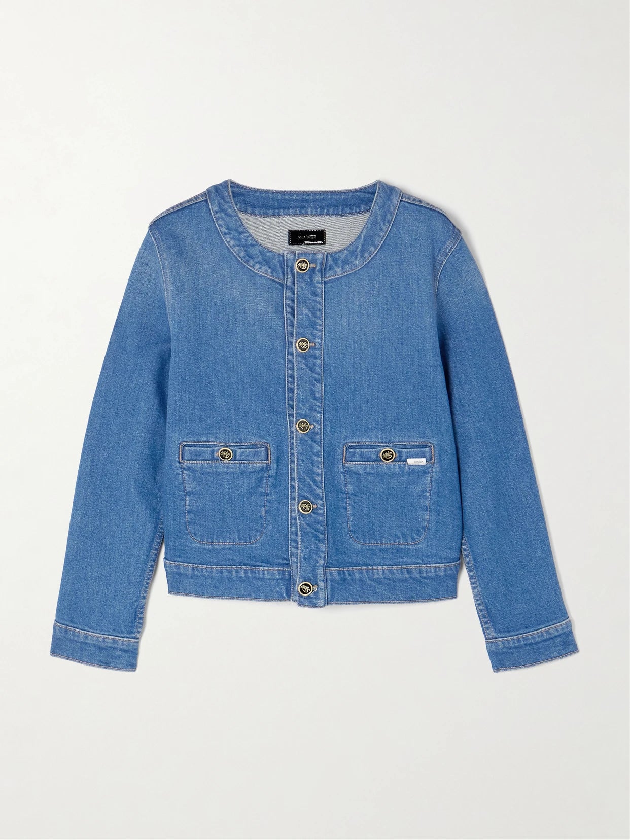 Image of Coats & Jackets. Product name - The Stashed Picky Denim Jacket in Mid denim colour by brand - Mother