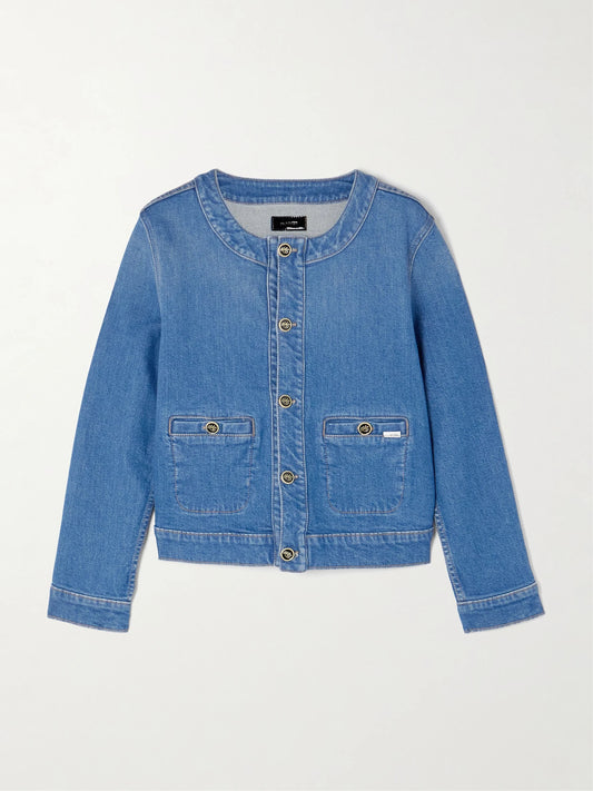 Image of Coats & Jackets. Product name - The Stashed Picky Denim Jacket in Mid denim colour by brand - Mother
