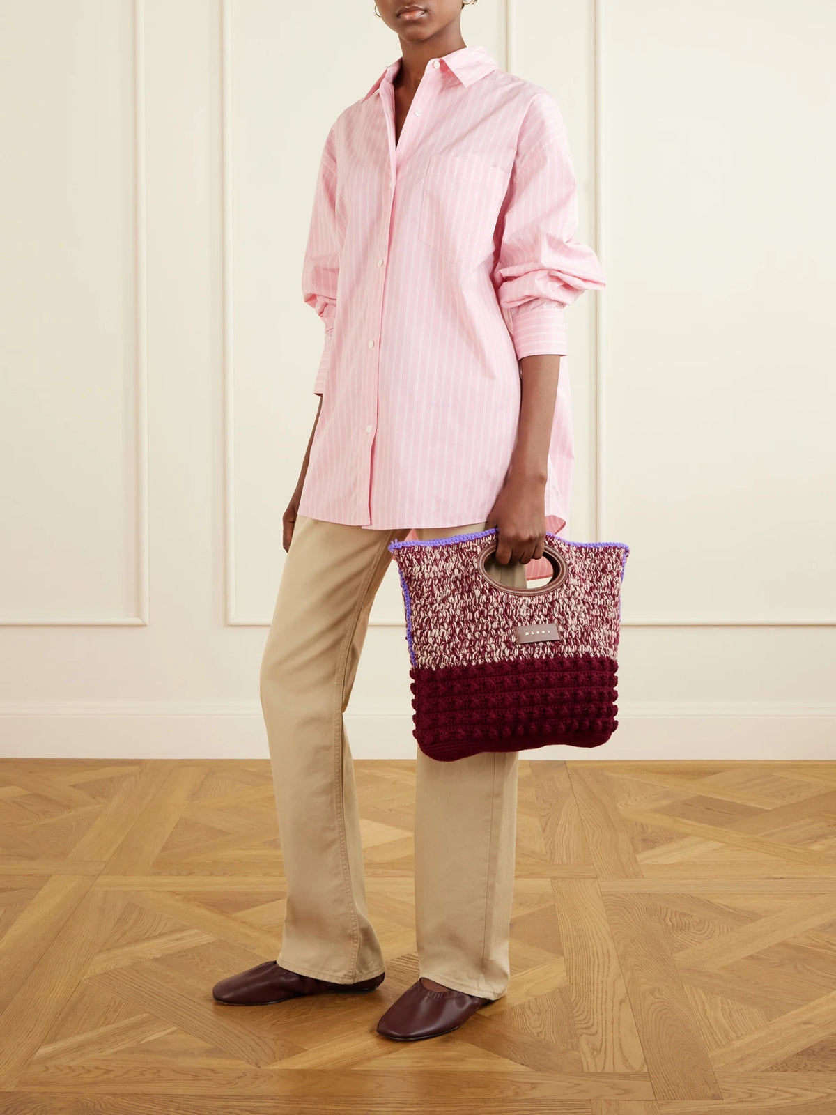 Logo-appliquéd Leather-trimmed Knitted Wool Clutch