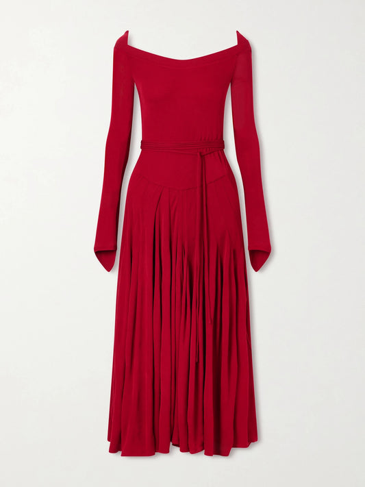 Image of Dresses. Product name - Jersey Pleated Maxi Dress in Red colour by brand - Tory Burch