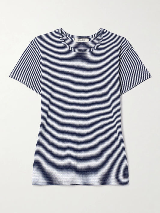 Image of a model wearing Tops. Product name - Lana Striped Cotton-jersey T-shirt in Navy colour by brand - Nili Lotan