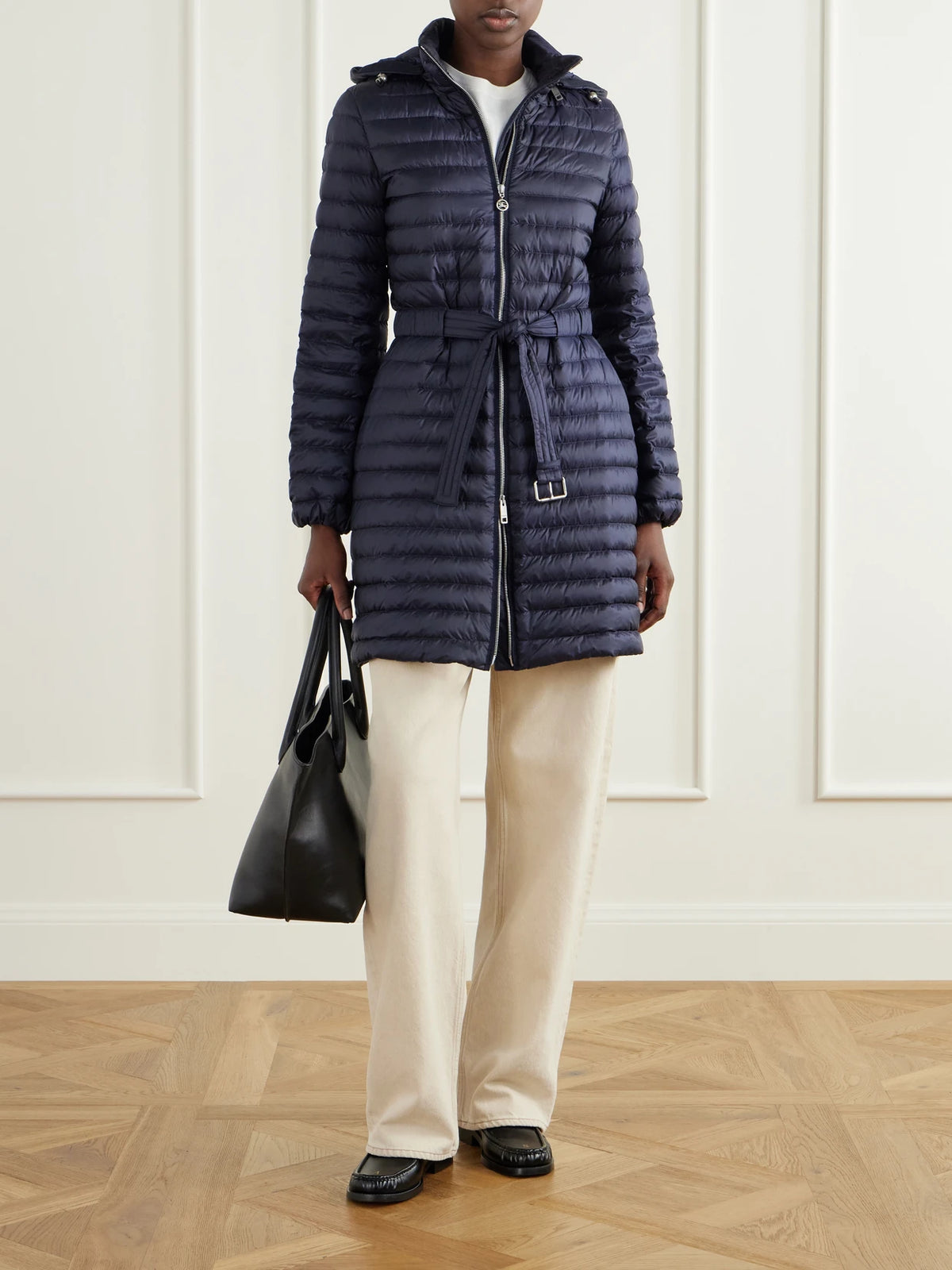 Image of Coats & Jackets. Product name - Hooded Belted Quilted Shell Coat in Navy colour by brand - Burberry