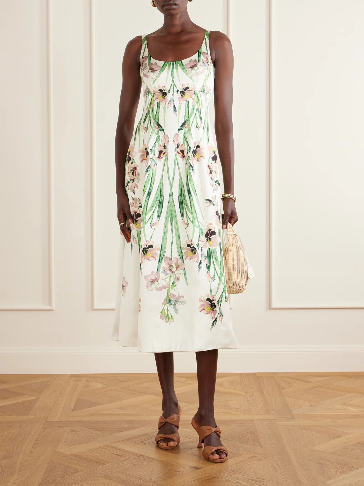 Image of Dresses. Product name - Duchess Floral-print Satin Midi Dress in White colour by brand - Erdem