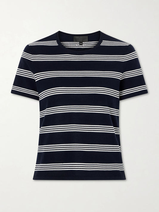 Image of a model wearing Tops. Product name - Lansie Striped Cotton-jersey T-shirt in Navy colour by brand - Nili Lotan