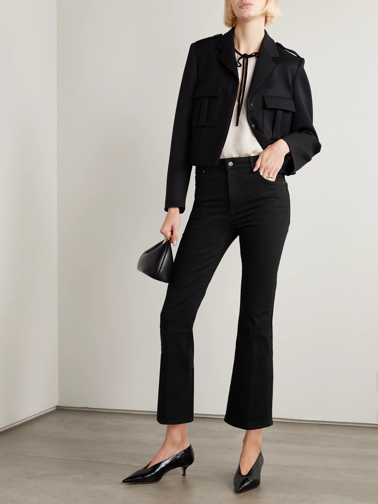 Image of Jeans. Product name - Reboot Crop Stretch High-rise Bootcut Jeans in Black colour by brand - FRAME
