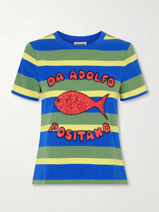 Image of a model wearing Tops. Product name - + Da Adolfo Weekender Striped Printed Cotton-blend T-shirt in Blue colour by brand - STAUD