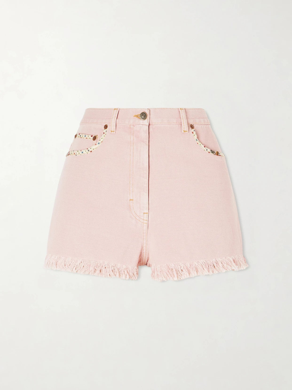 Frayed Embellished Cotton And Linen-blend Denim Shorts