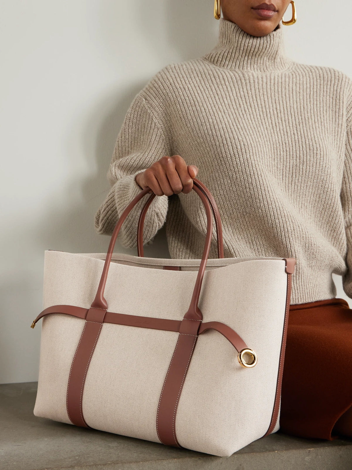 Image of Bags. Product name - Ghiera Large Leather-trimmed Canvas Tote in Ecru colour by brand - Loro Piana