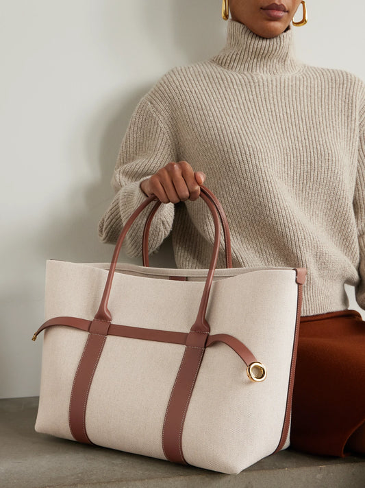 Image of Bags. Product name - Ghiera Large Leather-trimmed Canvas Tote in Ecru colour by brand - Loro Piana