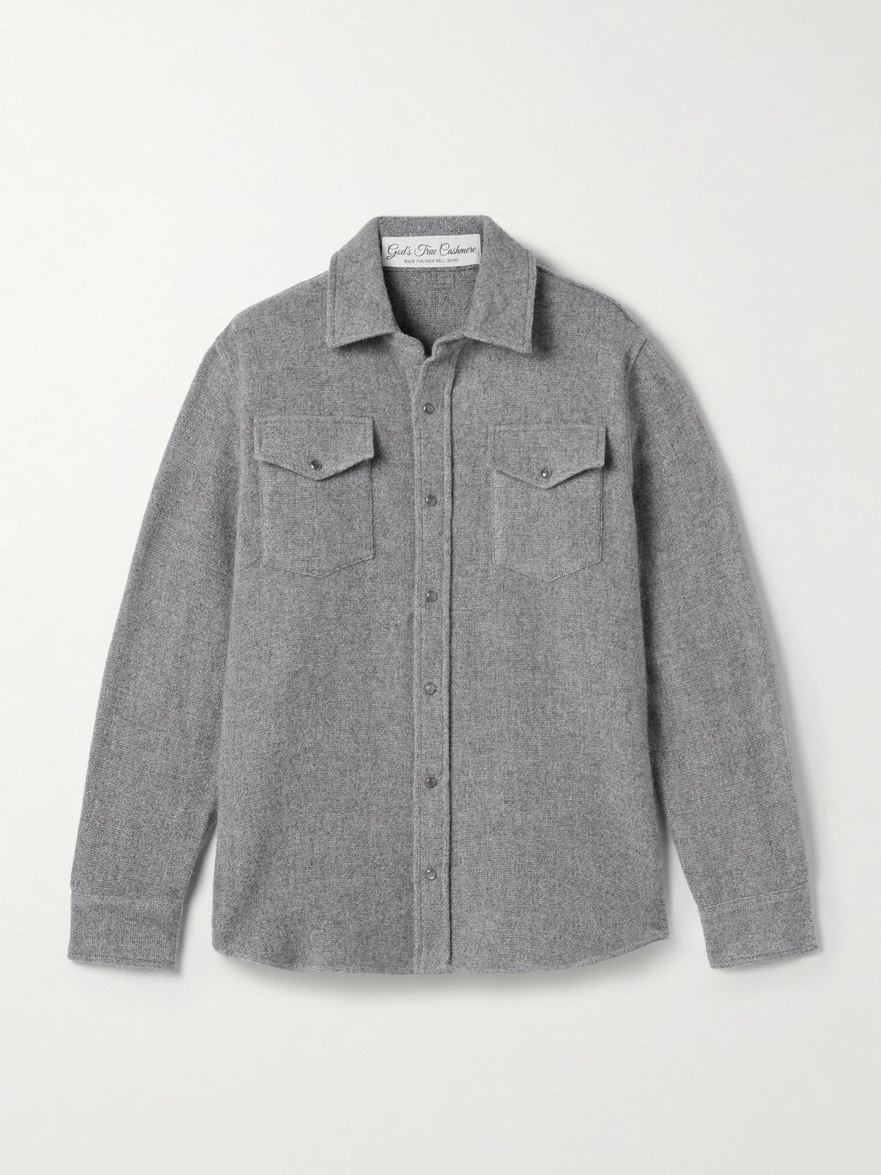 Image of a model wearing Tops. Product name - Cashmere Shirt in Gray colour by brand - God's True Cashmere