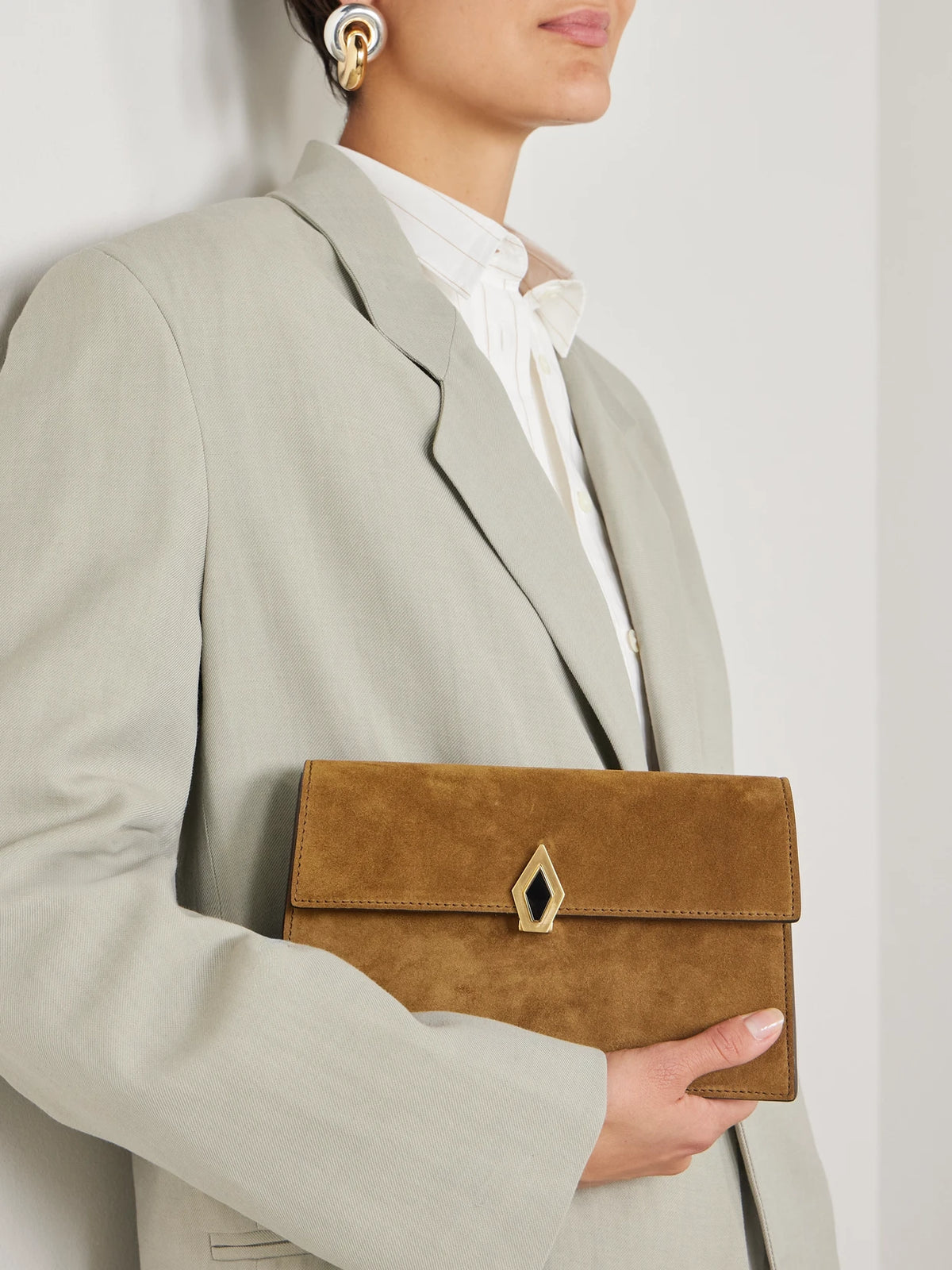 Image of Bags. Product name - Parallel 22 Small Suede Shoulder Bag in Tan colour by brand - Métier