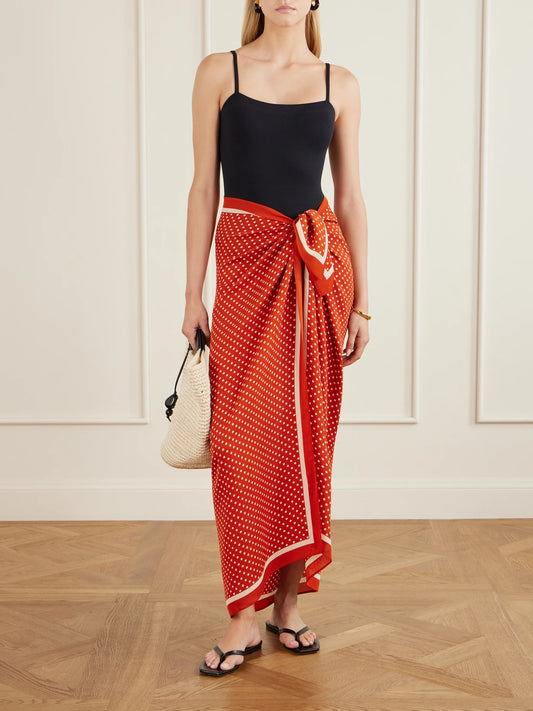 Image of Swimwear. Product name - Polka-dot Silk-georgette Pareo in Red colour by brand - Matteau