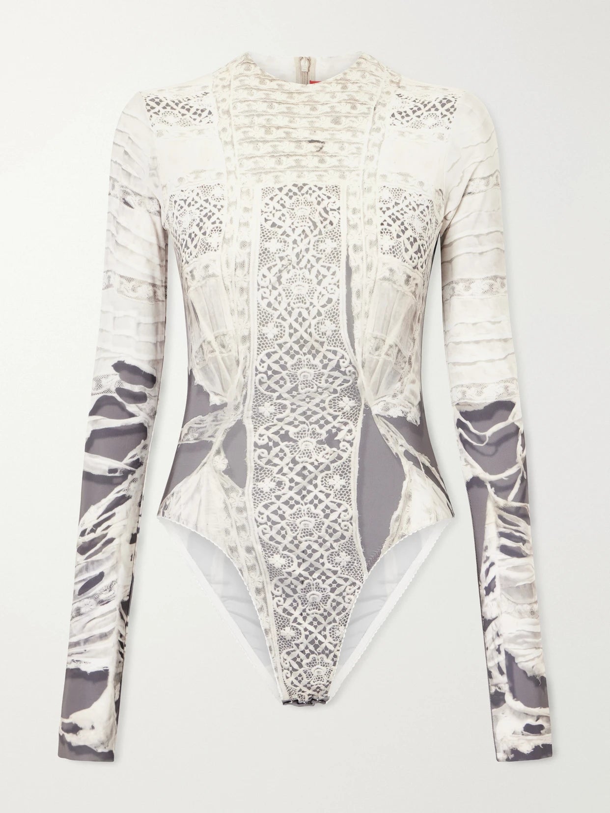 Image of a model wearing Tops. Product name - Past Edges Printed Lace-trimmed Stretch-jersey Bodysuit in Gray colour by brand - Dilara Findikoglu