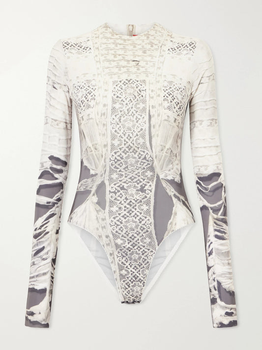 Image of a model wearing Tops. Product name - Past Edges Printed Lace-trimmed Stretch-jersey Bodysuit in Gray colour by brand - Dilara Findikoglu