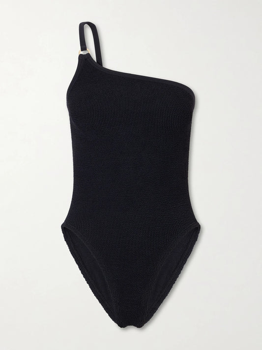 Image of Swimwear. Product name - Clara One-shoulder Original Crinkle Swimsuit in Black colour by brand - Hunza G