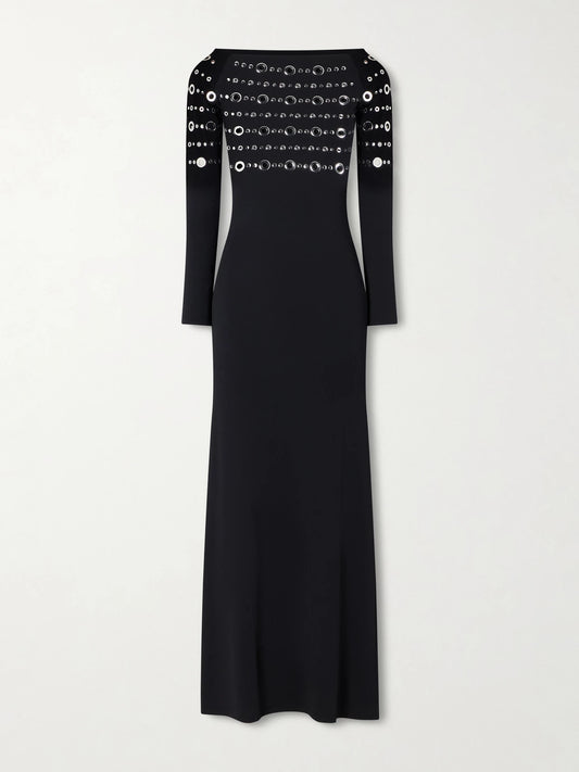 Image of Dresses. Product name - Eyelet-embellished Jersey Midi Dress in Black colour by brand - RABANNE