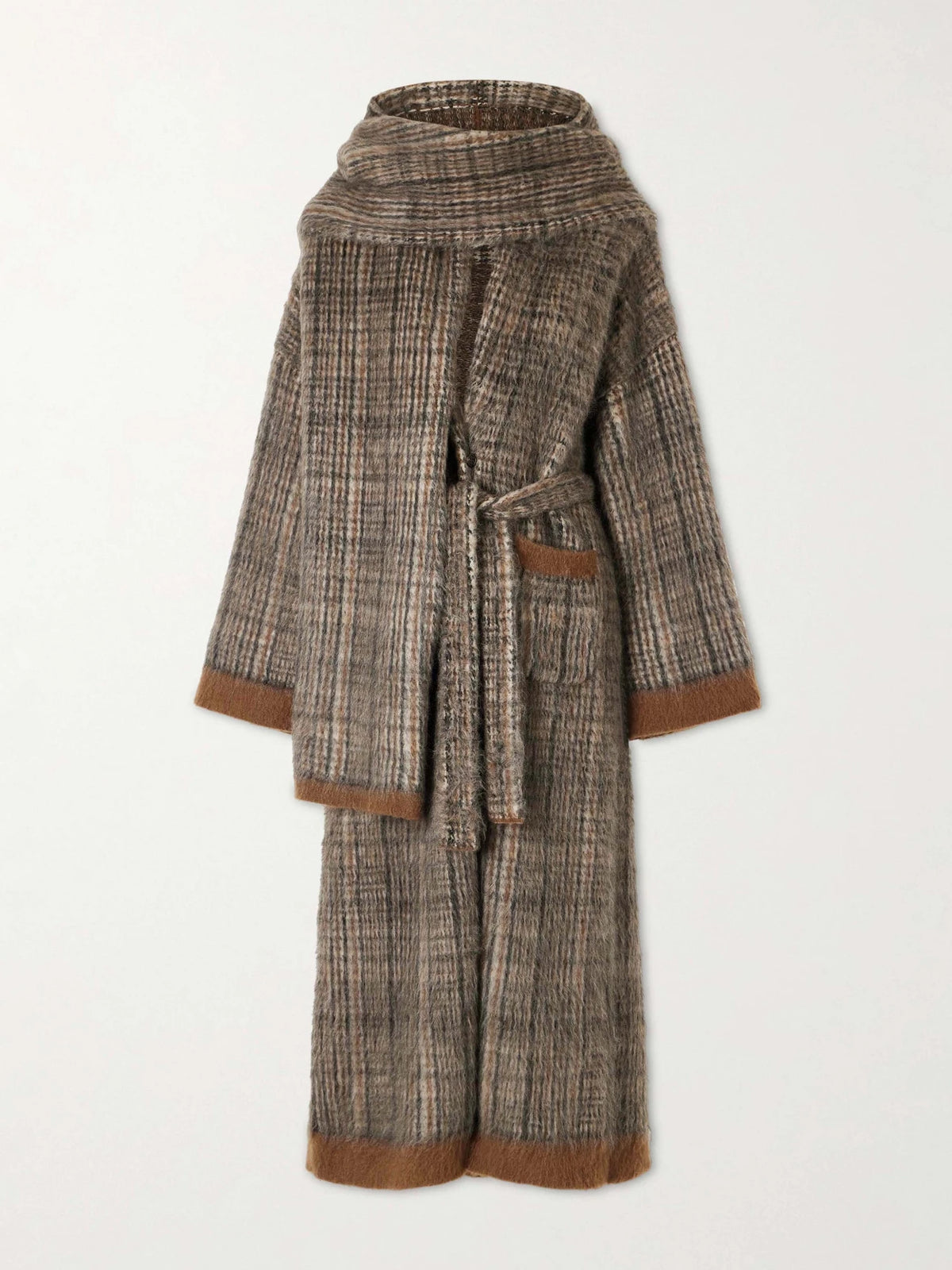 Brunello Cucinelli Scarf-detailed Belted Checked Brushed Wool-blend Coat
