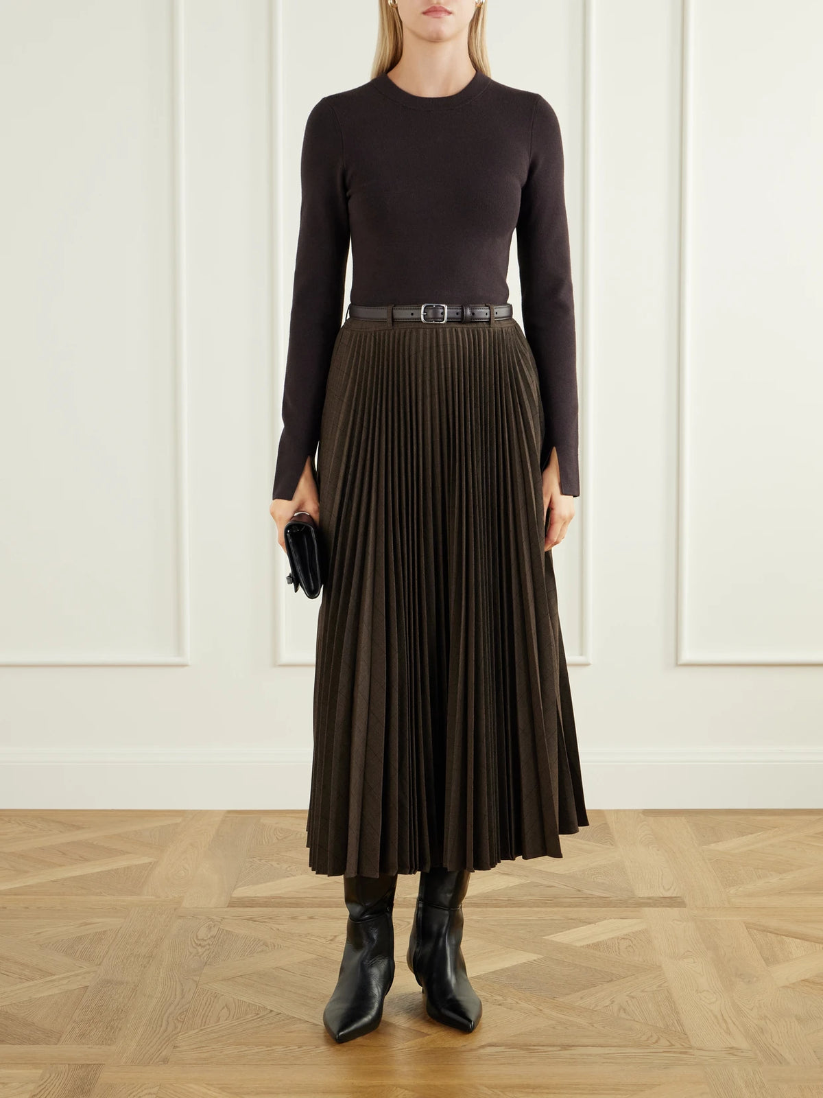 Image of Dresses. Product name - Belted Pleated Woven Midi Dress in Dark brown colour by brand - SIMKHAI