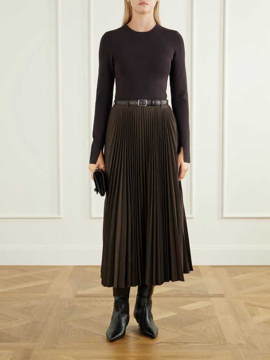 Image of Dresses. Product name - Belted Pleated Woven Midi Dress in Dark brown colour by brand - SIMKHAI