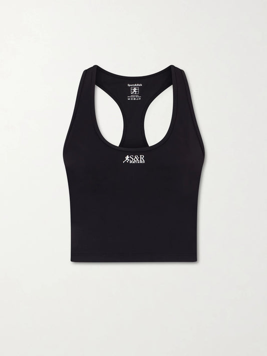 Image of a model wearing Tops. Product name - Runner Sports Tech-jersey Cropped Tank Top in Black colour by brand - Sporty & Rich