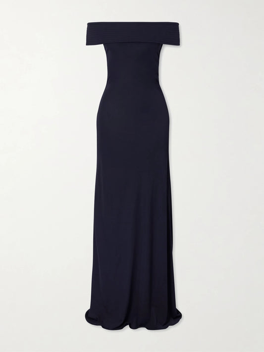 Image of Dresses. Product name - Off-the-shoulder Stretch-jersey Maxi Dress in Navy colour by brand - Alaïa