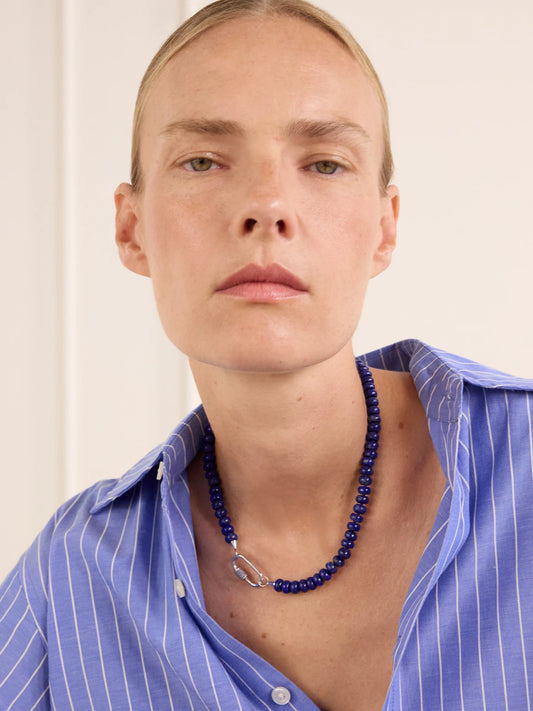 Image of Necklaces. Product name - Rondelle Strand + Stoned Medium Lock 14-karat White Gold, Sapphire And Turquoise Necklace in Blue colour by brand - Marla Aaron