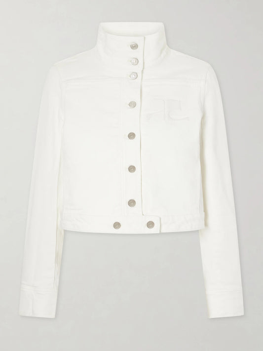 Image of Coats & Jackets. Product name - Reedition Cropped Logo-embroidered Denim Jacket in White colour by brand - COURREGES