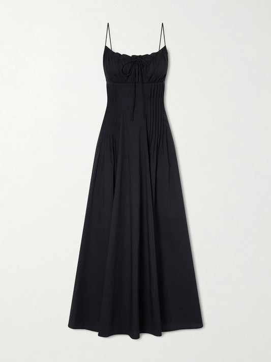 Image of Dresses. Product name - Margi Ruffled Pleated Cotton-stretch Poplin Midi Dress in Black colour by brand - STAUD