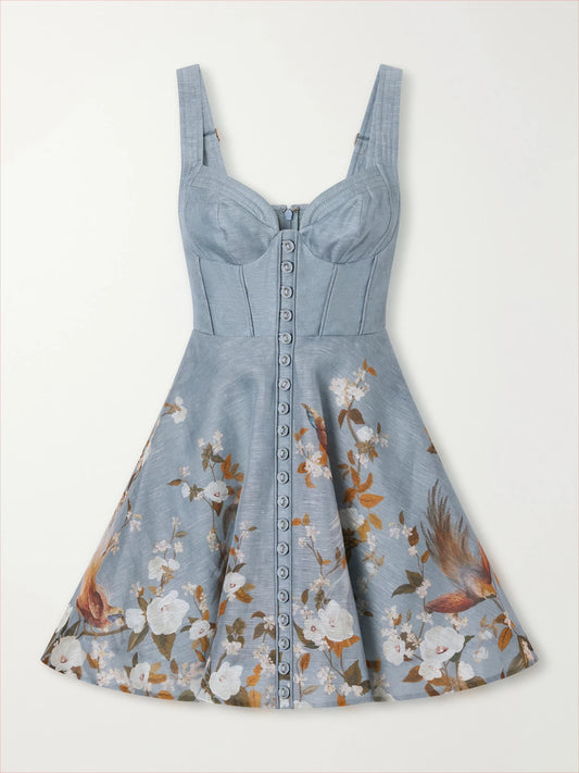 Zimmermann Momentum Corset Floral-print Linen And Silk-blend Crepe De Chine Mini Dress